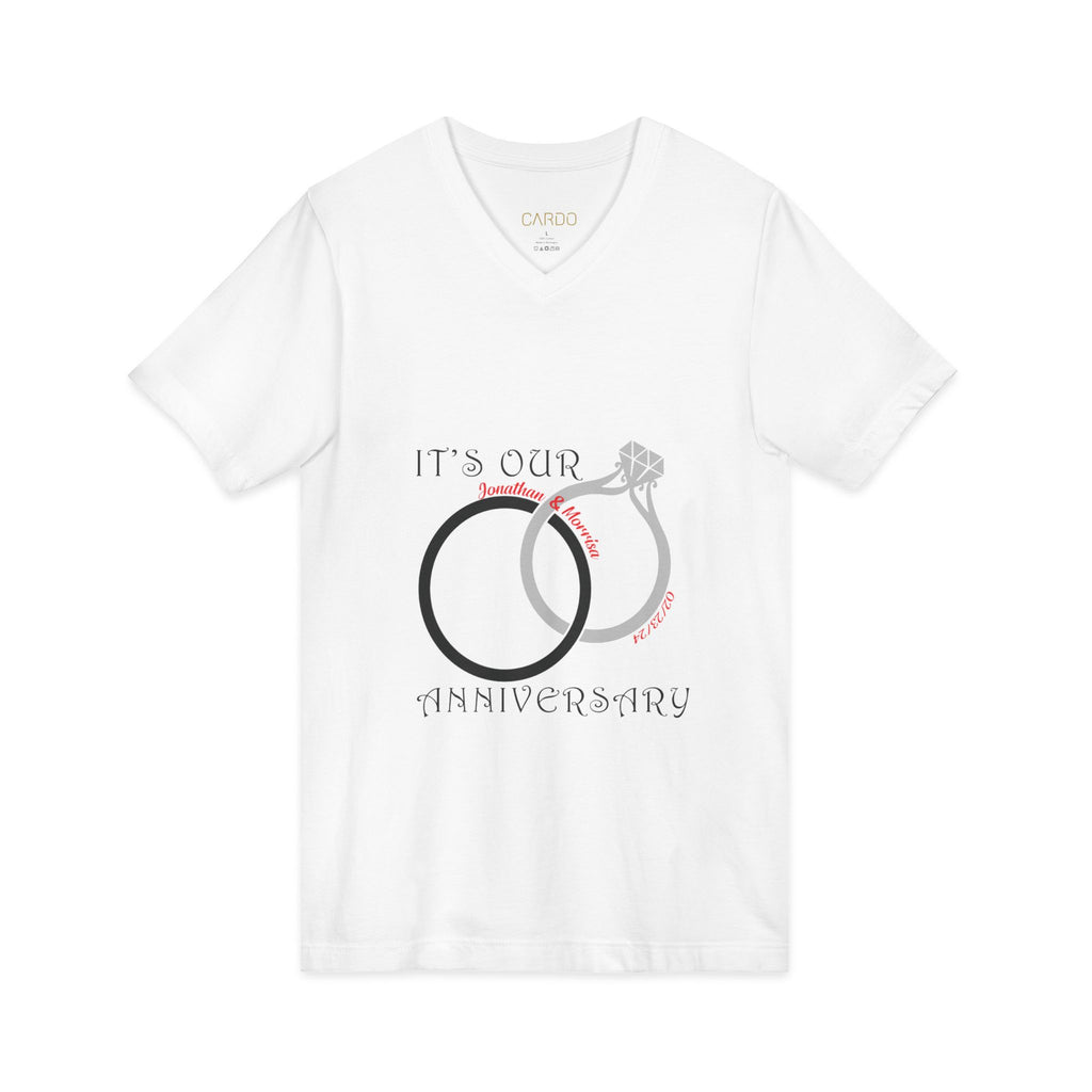 Anniversary V-Neck Tee – "It's Our Anniversary" with Rings & "I Fall in Love With You Everyday"
