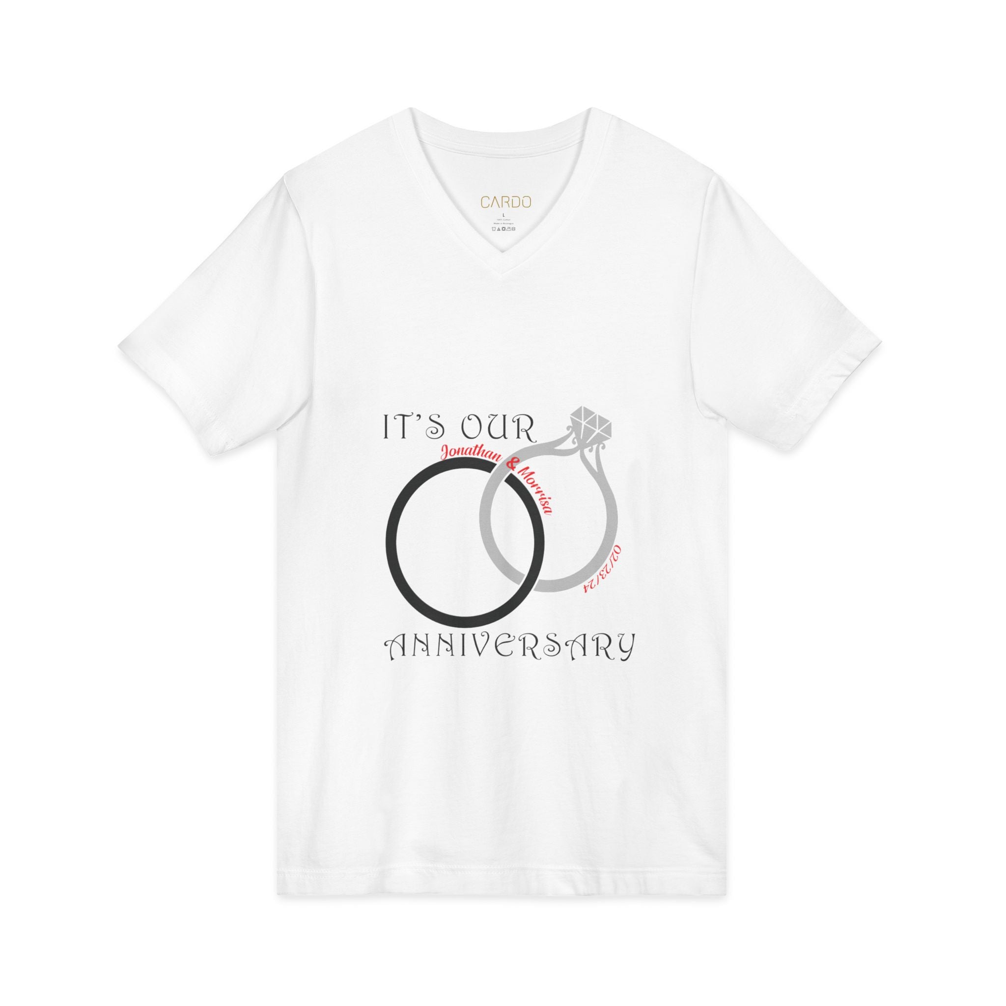 Anniversary V-Neck Tee – "It's Our Anniversary" with Rings & "I Fall in Love With You Everyday"
